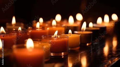 Many burning candles with shallow depth of field. Generative ai