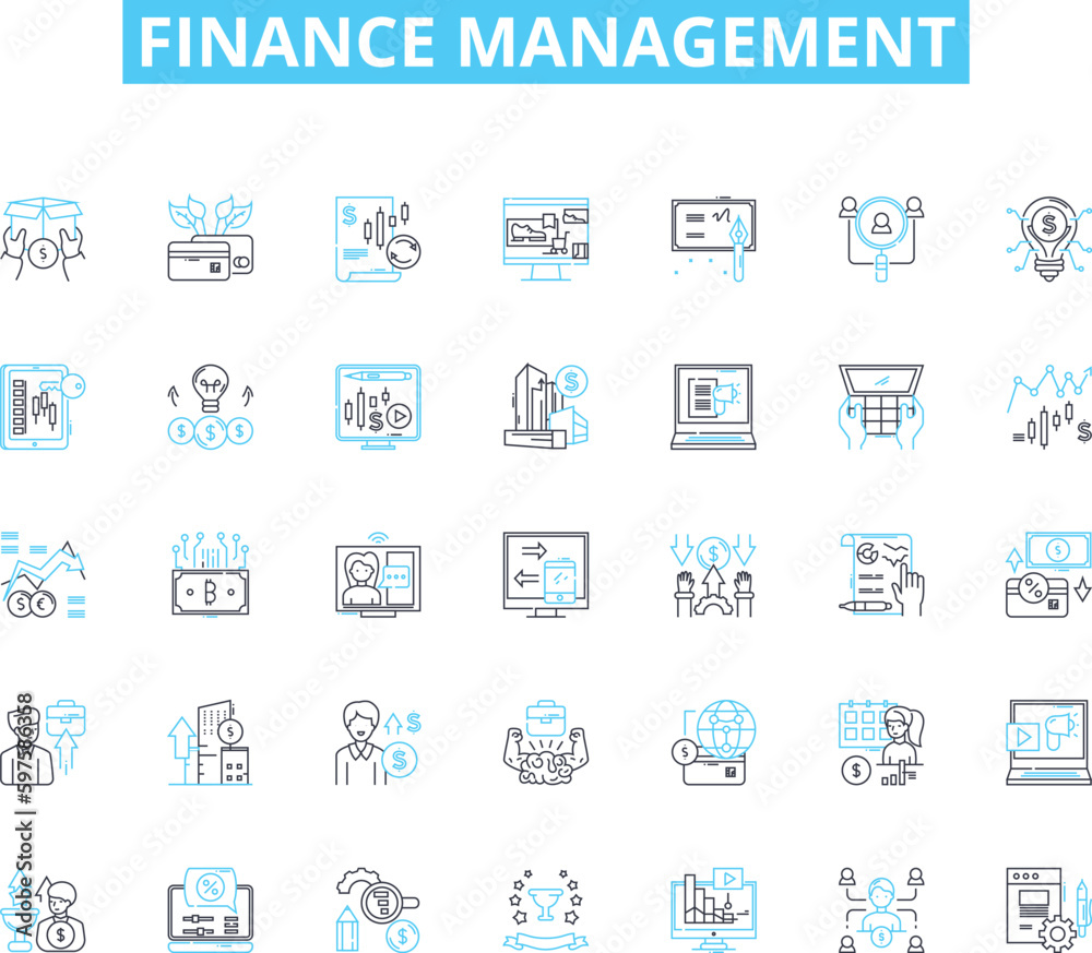 Finance management linear icons set. Budgeting, Accounting, Investments, Income, Expenses, Reporting, Analysis line vector and concept signs. Forecasting,Analytics,Cashflow outline illustrations