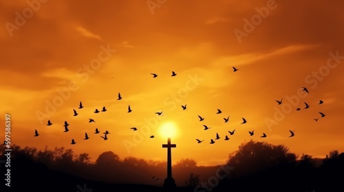 Religious concept Silhouette cross and birds flying. Generative ai