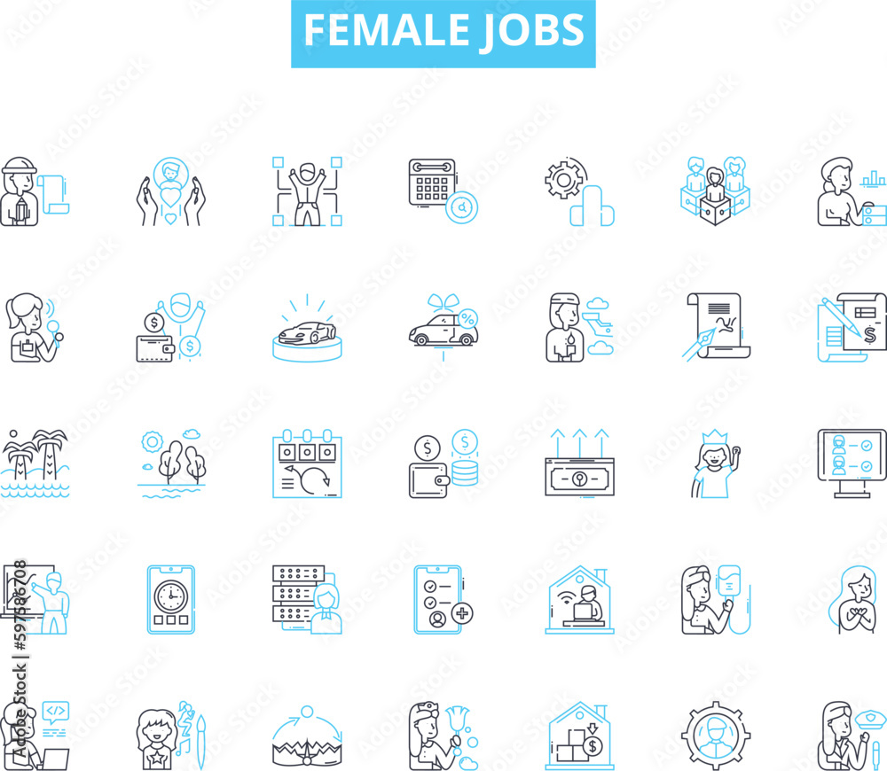 Female jobs linear icons set. Nurse, Teacher, Engineer, Entrepreneur, Scientist, Doctor, Lawyer line vector and concept signs. Graphic designer,Writer,Marketer outline illustrations