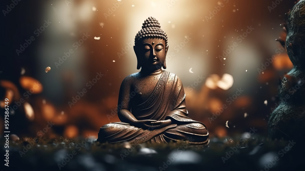 Buddha statue with golden bokeh background. Generative AI
