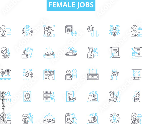 Female jobs linear icons set. Nurse, Teacher, Engineer, Entrepreneur, Scientist, Doctor, Lawyer line vector and concept signs. Graphic designer,Writer,Marketer outline illustrations