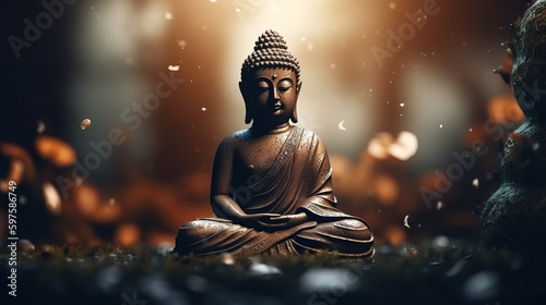 Buddha statue with golden bokeh background. Generative AI 