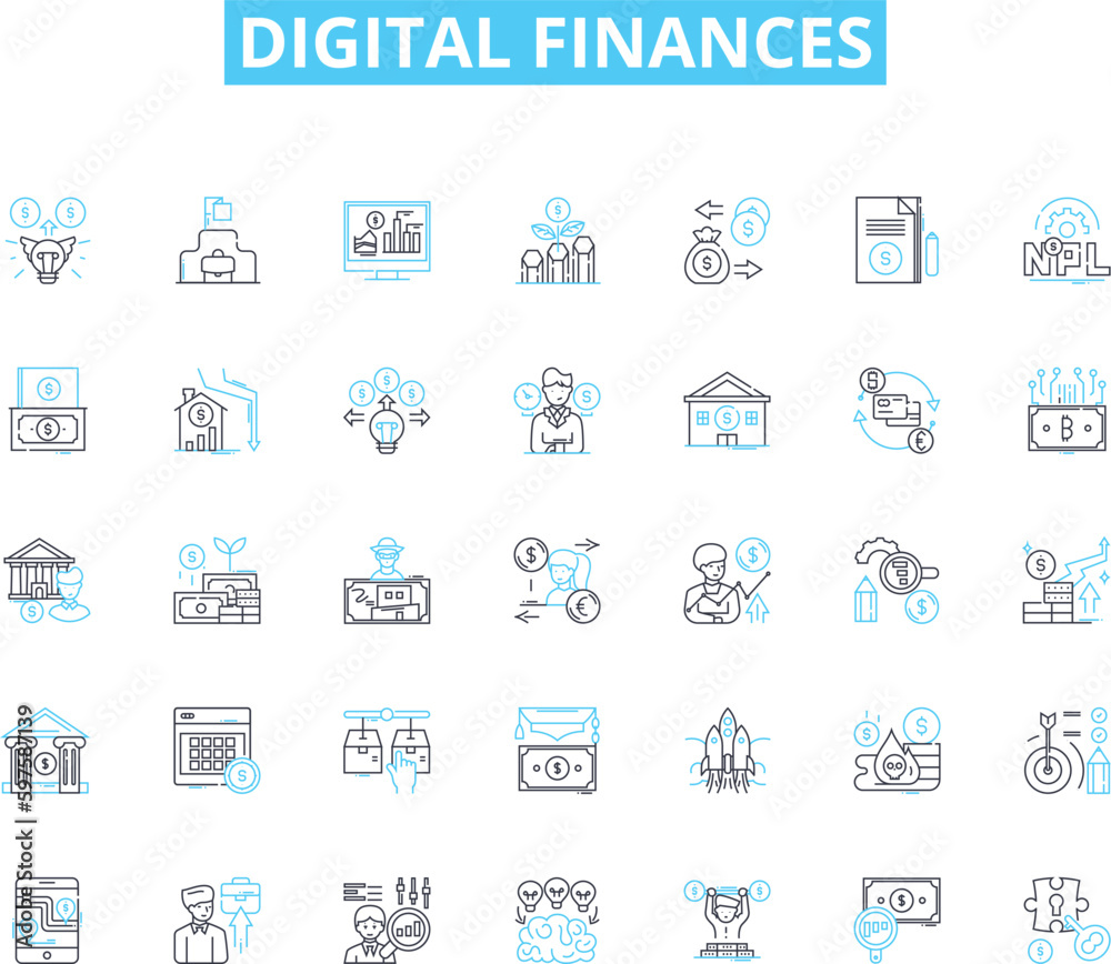 Digital finances linear icons set. Cryptocurrency, Blockchain, Fintech, Mobile payments, E-wallets, Online banking, Contactless line vector and concept signs. Digital currency,Bitcoin,Decentralized
