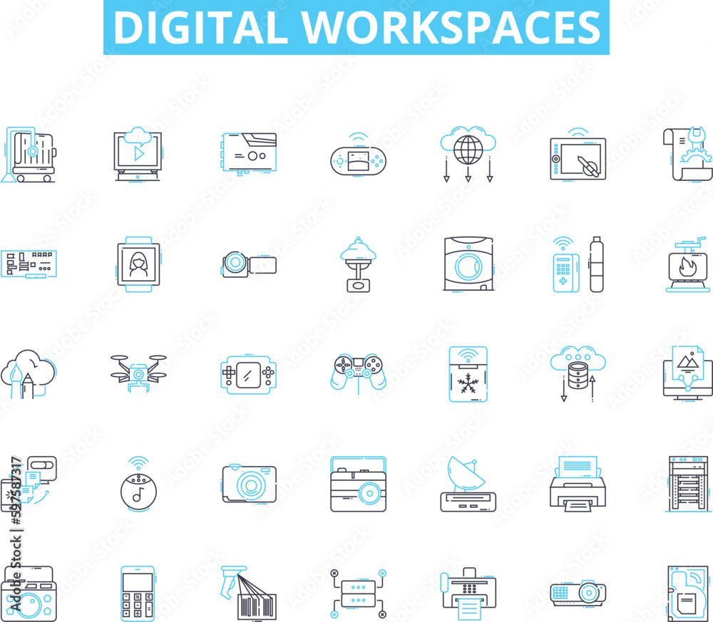 Digital workspaces linear icons set. Productivity, Collaboration, Innovation, Accessibility, Efficiency, Flexibility, Integration line vector and concept signs. Streamlining,Organization,Security Digital workspaces linear icons set. Productivity, Collaboration, Innovation, Accessibility, Efficiency, Flexibility, Integration line vector and concept signs. Streamlining,Organization,Security