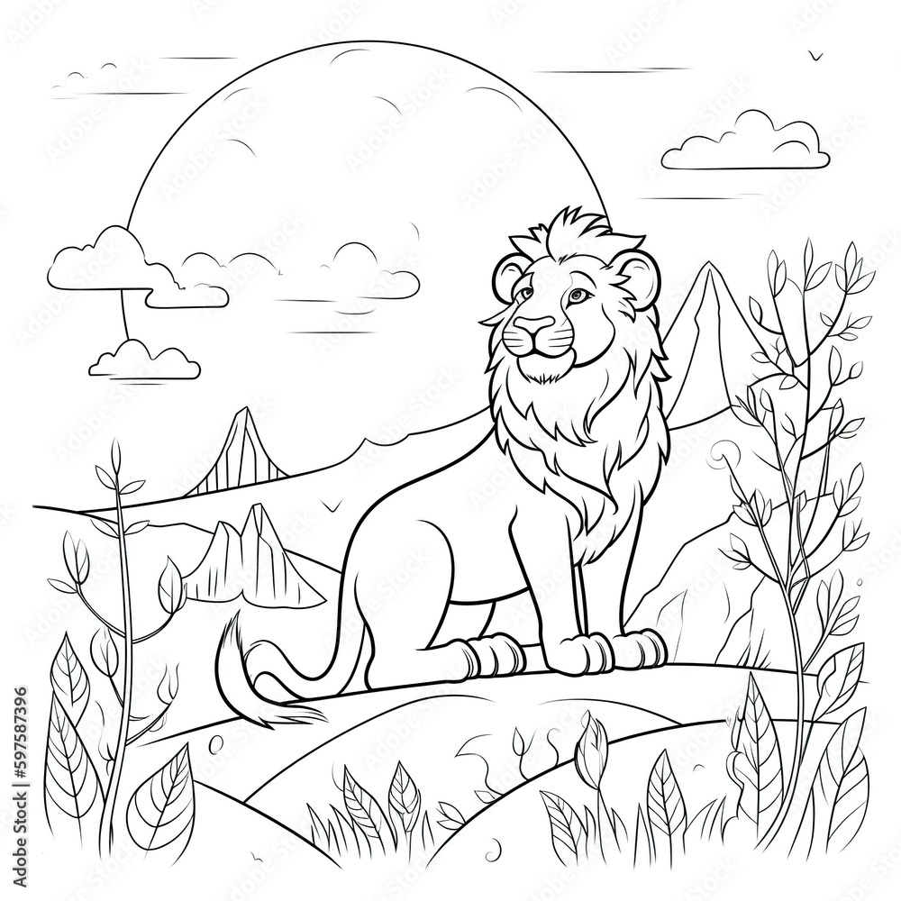 Kids coloring page of a lion on the hill that is blank and downloadable ...