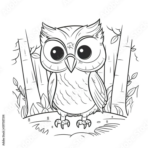 Kids coloring page of an owl in the forest that is blank and downloadable for them to complete. Hand drawn owl outline illustration. Animal doodle outline realistic illustration. Creative AI photo