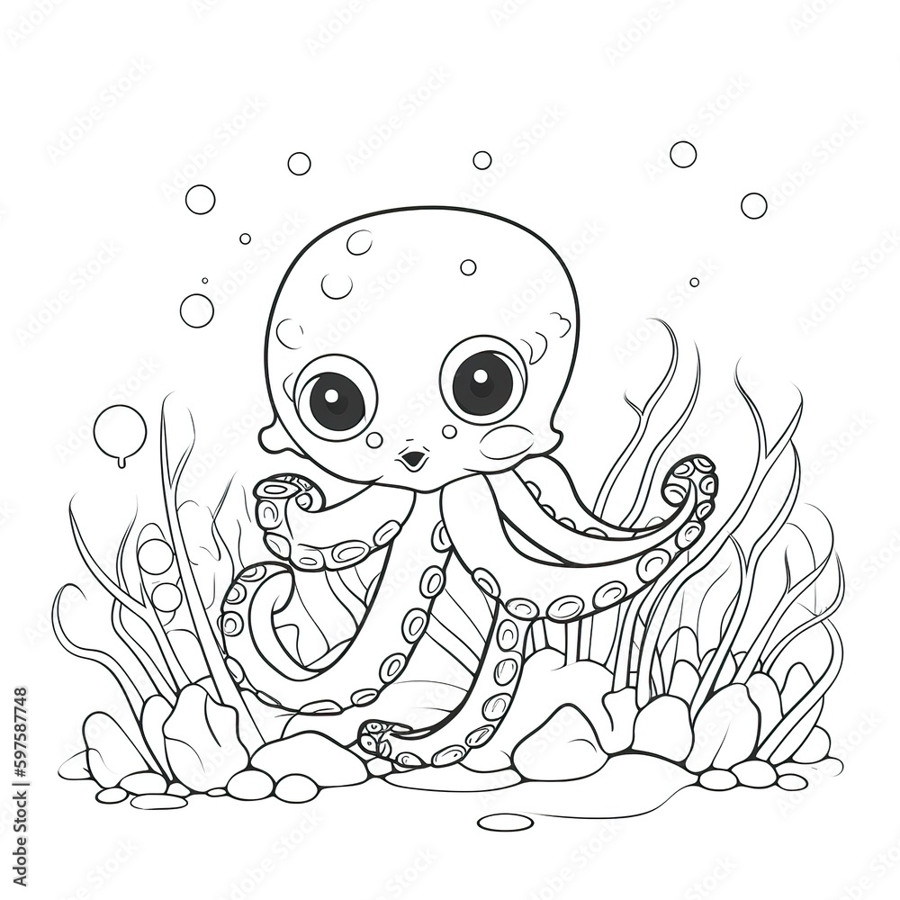 Kids coloring page of an octoplus in the aquarium that is blank and downloadable for them to complete. Hand drawn octoplus outline illustration. Doodle outline realistic illustration. Creative AI Kids coloring page of an octoplus in the aquarium that is blank and downloadable for them to complete. Hand drawn octoplus outline illustration. Doodle outline realistic illustration. Creative AI