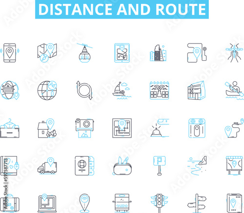 Distance and route linear icons set. Navigation, Direction, Journey, Route, Travel, Path, Distance line vector and concept signs. Mileage,Wayfinding,Navigation outline illustrations