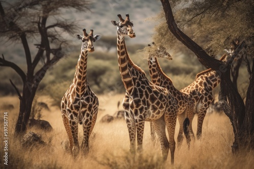 Majestic wild giraffes roaming in the African savannah of Tanzania s Serengeti National Park. Image Generated by AI