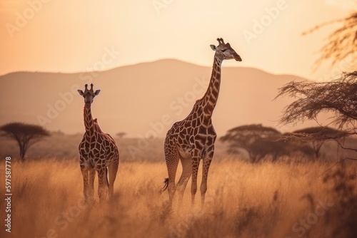 Majestic wild giraffes roaming in the African savannah of Tanzania s Serengeti National Park. Image Generated by AI