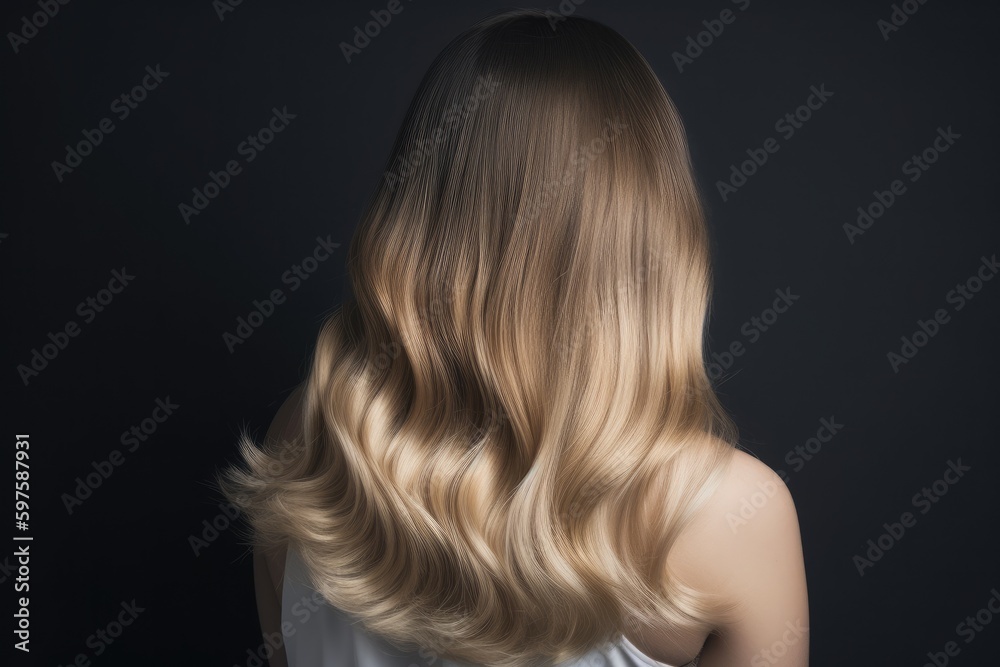 Naklejka premium Woman from the back with balayage ombre hair dye technique, featuring a gradual transition from darker roots to lighter ends - Generative AI