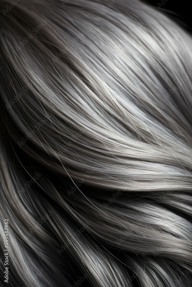 Naklejka premium A closeup view of a bunch of shiny straight gray hair in a wavy curved style. Generative AI