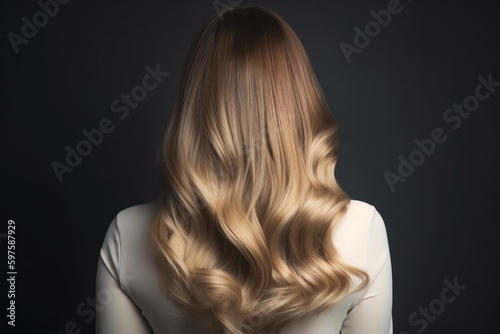 Woman from the back with balayage ombre hair dye technique, featuring a gradual transition from darker roots to lighter ends - Generative AI