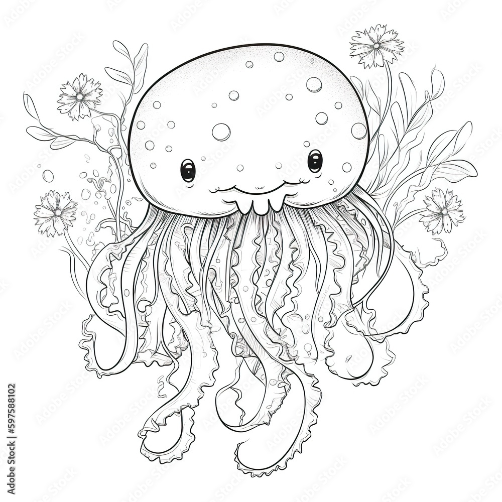Kids coloring page of a happy jellyfish with flowers that is blank and ...