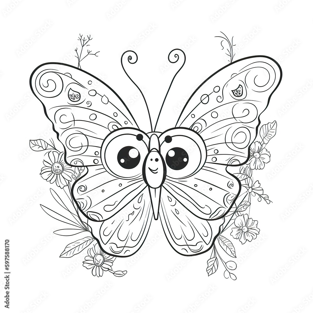 Kids coloring page of a happy butterfly with flowers that is blank and downloadable for them to complete. Hand drawn butterfly outline illustration. Doodle outline realistic illustration. Creative AI Kids coloring page of a happy butterfly with flowers that is blank and downloadable for them to complete. Hand drawn butterfly outline illustration. Doodle outline realistic illustration. Creative AI