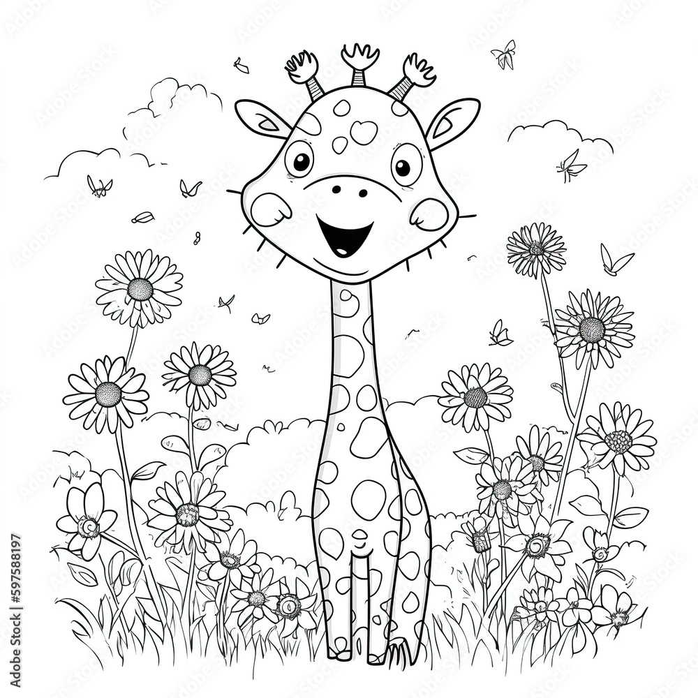 Kids coloring page of a giraffe with flower that is blank and