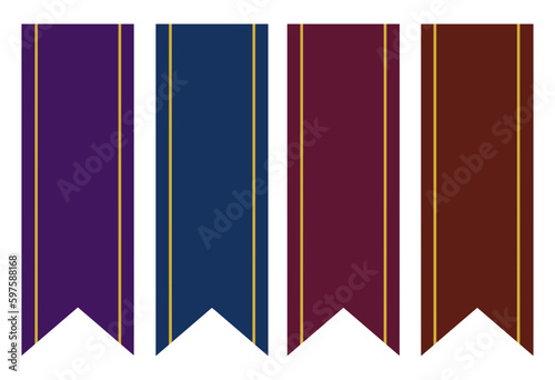 Set of vertical standards, pennants, or flags in various colors with gold lines and a modern style