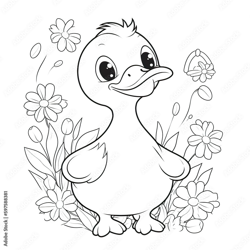 Kids coloring page of a duck with flowers that is blank and