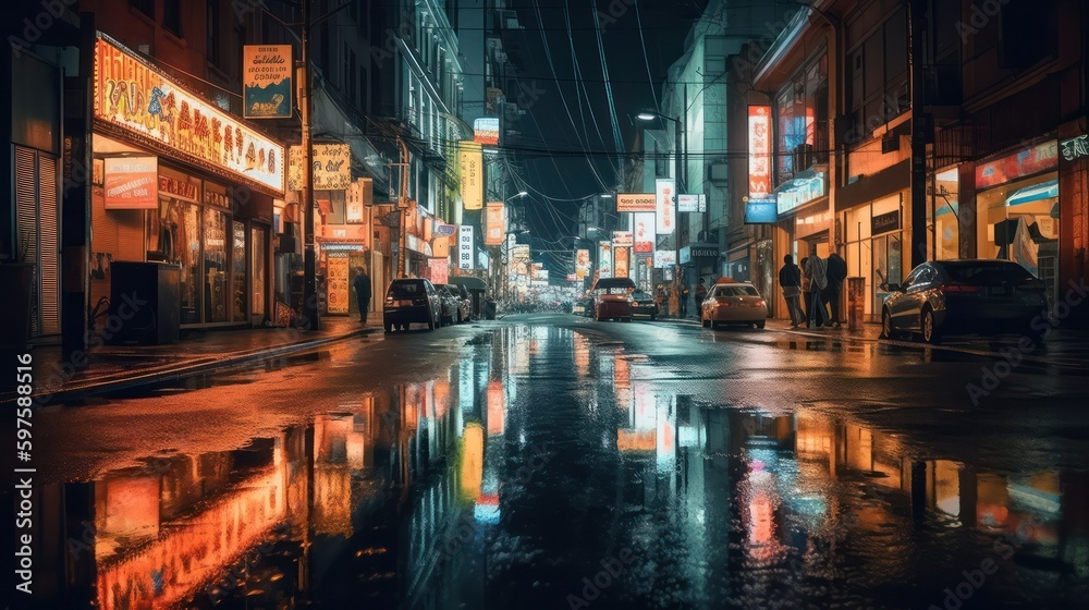 empty city street in neon illuminated signboards and lanterns on a rainy night. Generative AI
