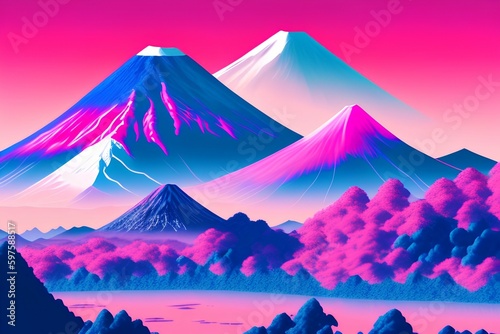 Mountain pink and blue landscape - generative ai