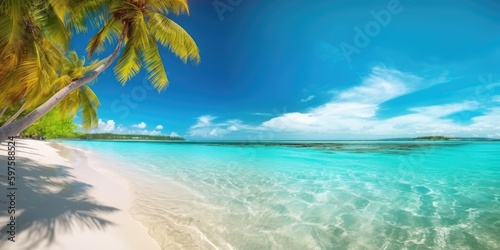 Beautiful tropical island with palm trees and beach panorama. Generative AI
