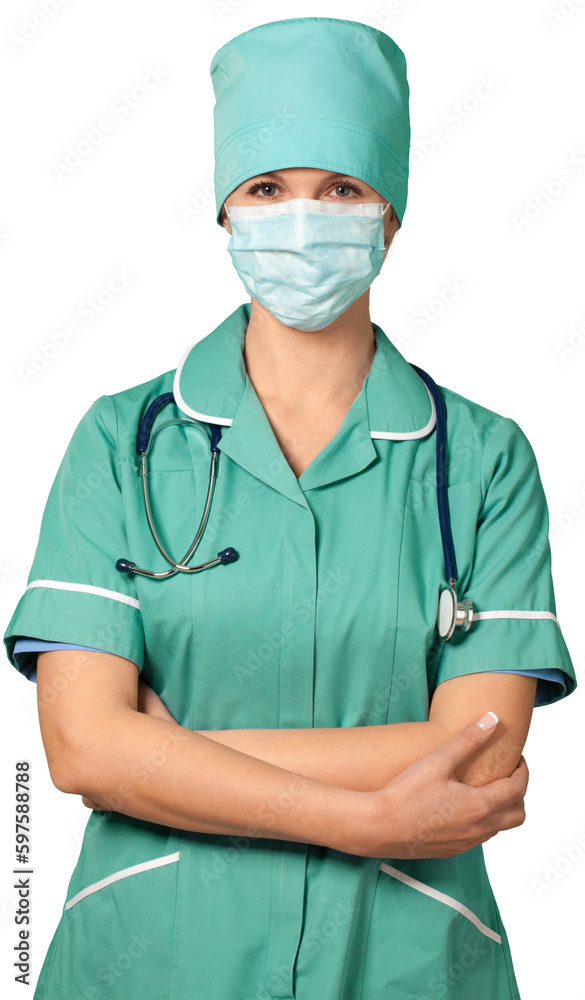 Female medical professional wearing a surgical mask Female medical professional wearing a surgical mask