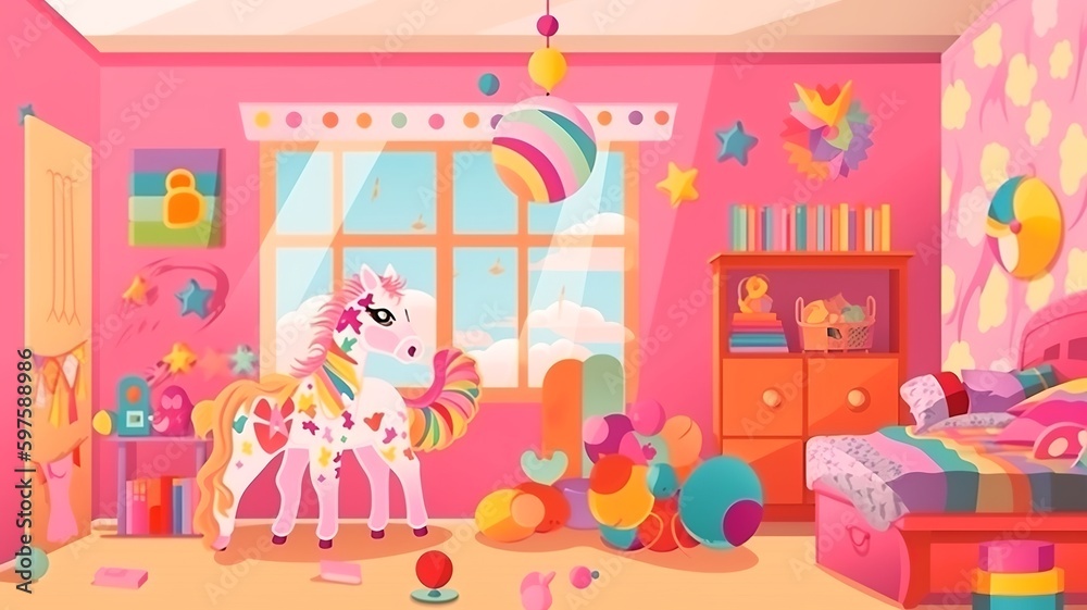 girl's room interior with pony and candy pattern girl's room interior with pony and candy pattern