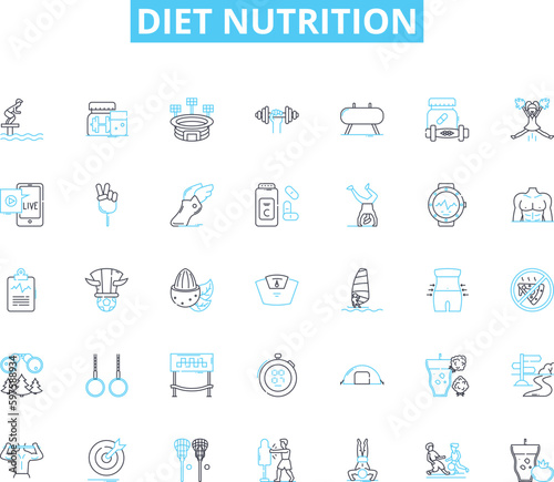 Diet nutrition linear icons set. Protein, Carbohydrates, Minerals, Vitamins, Fiber, Nutrients, Antioxidants line vector and concept signs. Omega-,Superfoods,Detox outline illustrations
