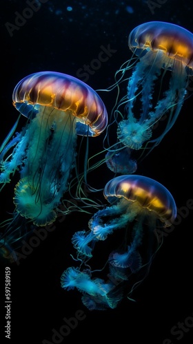 Ethereal jellyfish ballet, underwater dance, vibrant colors, bioluminescent creatures, graceful movements, captivating ocean scene