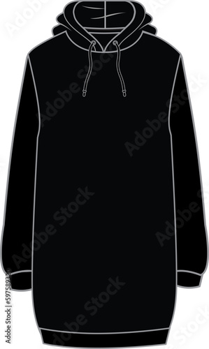 Women's Hooded Sweatshirt Mini Dress. Technical fashion illustration. Front, black color. Women's CAD mock-up.