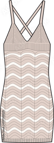 Women's Crochet Mini Knit Dress. Technical fashion illustration. Front, natural color. Women's CAD mock-up.