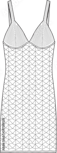 Women's Crochet Mini Knit Dress. Technical fashion illustration. Front, white color. Women's CAD mock-up.