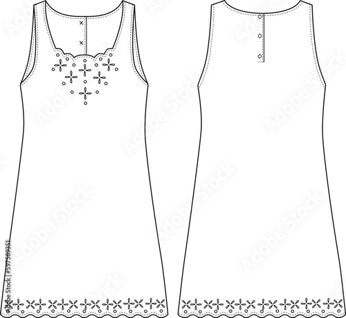 Women's Embroidered, Midi Dress. Technical fashion illustration. Front and back, white color. Women's CAD mock-up.