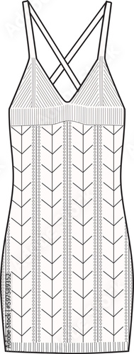 Women's Crochet Mini Knit Dress. Technical fashion illustration. Front, white color. Women's CAD mock-up.