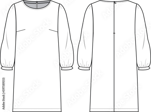 Women's Balloon Sleeve Mini Dress- Technical fashion illustration. Front and back, white color. Women's CAD mock-up.