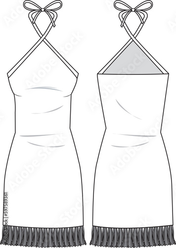 Women's Halter Strap, Backless, Sleeveless, Skirt Fringed Midi Bodycon Technical fashion illustration. Front and back, white color. Women's CAD mock-up. photo