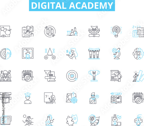 Digital academy linear icons set. Education, Technology, Innovation, Learning, Training, Skills, Digitalization line vector and concept signs. Transformation,Curriculum,E-learning outline