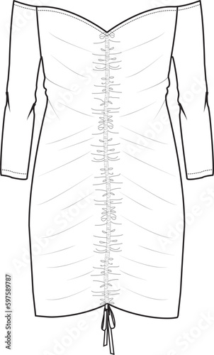 Women's Ruched Front Bardot Mini Dress- Technical fashion illustration. Front, white color. Women's CAD mock-up.
