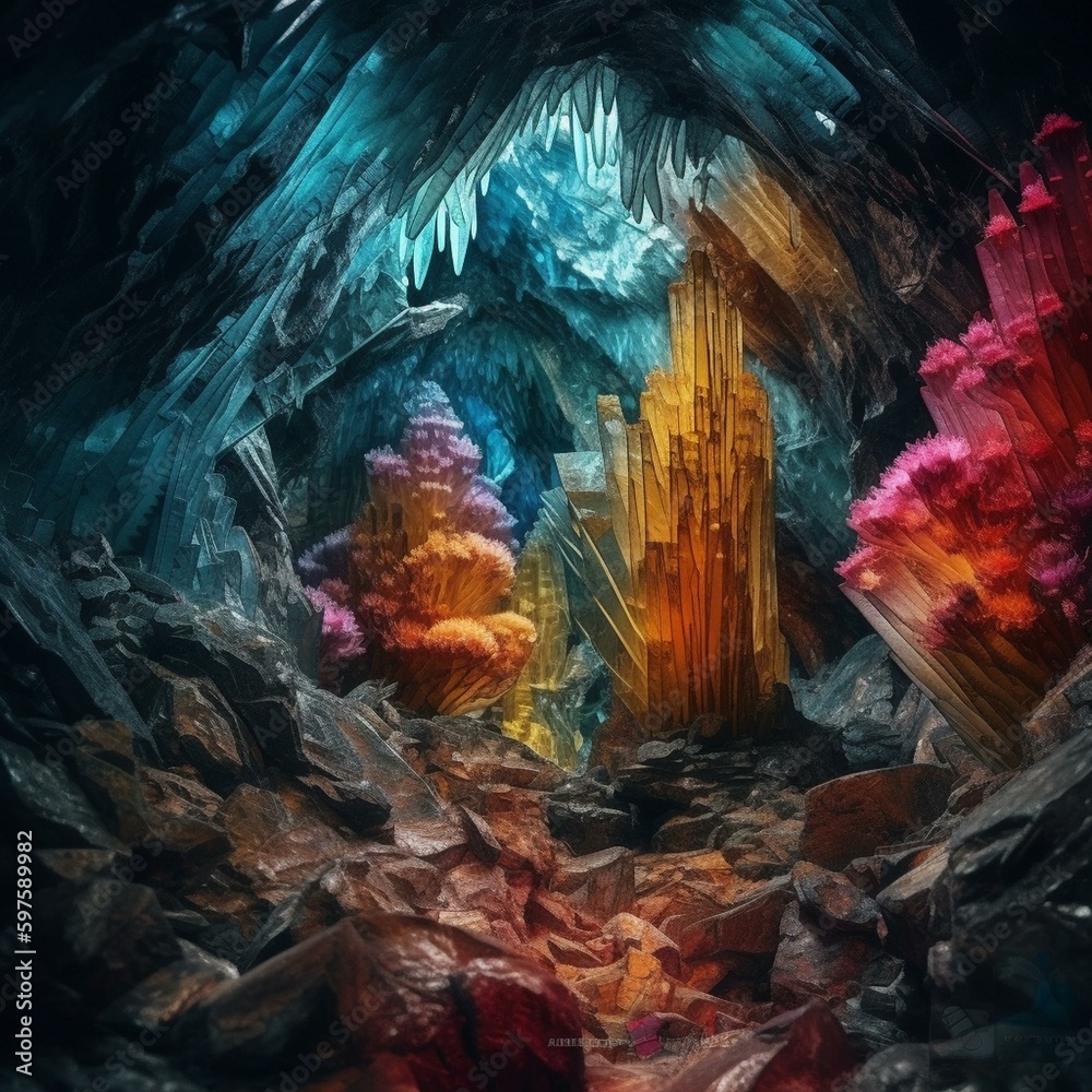Crystal cavern, mesmerizing geological formations, vibrant colors, luminescent minerals, intricate patterns, high-resolution image