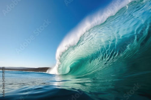 Beautiful deep blue tube wave in the ocean. Generative AI