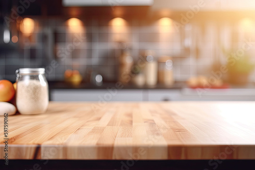 Empty wooden tabletop with blurred kitchen background. Generative AI