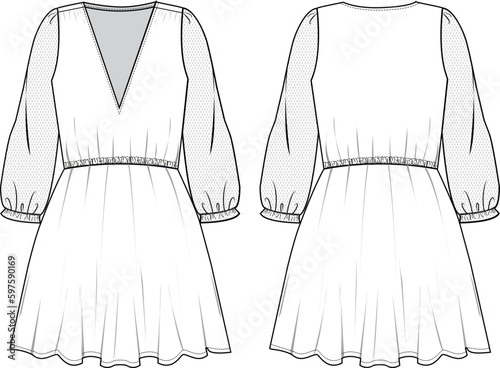 Women's Sheer-Mesh Sleeve Mini Chiffon Dress- Technical fashion illustration. Front and back, white color. Women's CAD mock-up.