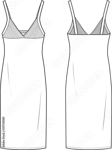 Women's V-Neck Knit Dress With Straps. Technical fashion illustration. Front and back, white color. Women's CAD mock-up.
