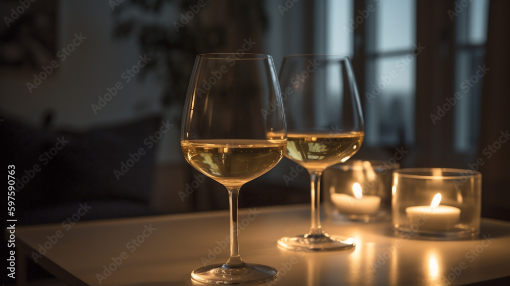 2 Glässer Weißwein bei modernem romanischem Ambiente in Wohnung mit Kerzenschein. Querformat. Generative Ai. 2 Glässer Weißwein bei modernem romanischem Ambiente in Wohnung mit Kerzenschein. Querformat. Generative Ai.