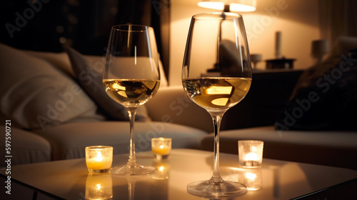 2 Glässer Weißwein bei modernem romanischem Ambiente in Wohnung mit Kerzenschein. Querformat. Generative Ai.