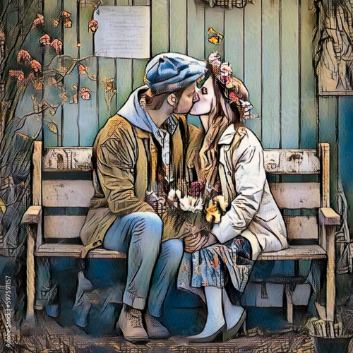 Beijando o namorado em um velho banco de madeira em um maravilhoso jardim com flores photo