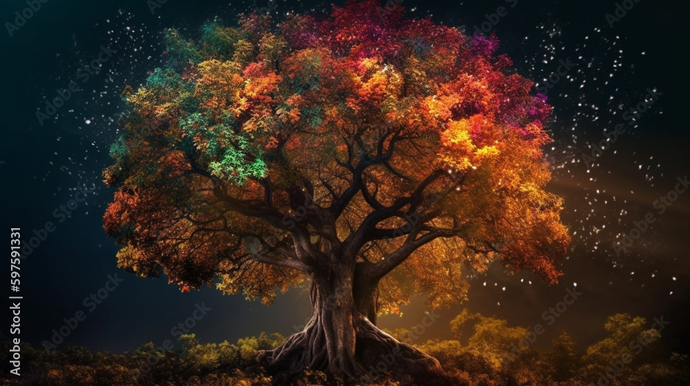 Generate a description of a beautiful magical tree in 300 words. Leave only nouns and adjectives. Separate the words with commas. Generative AI