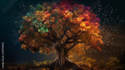 Generate a description of a beautiful magical tree in 300 words. Leave only nouns and adjectives. Separate the words with commas. Generative AI