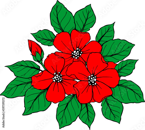 drawing of a branch of red flowers with a black outline on a white background  logo  art